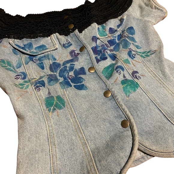 Vintage Denim Handmade Corset Style Repurposed Jeans Top Hand Painted in 80s - Picture 6 of 15